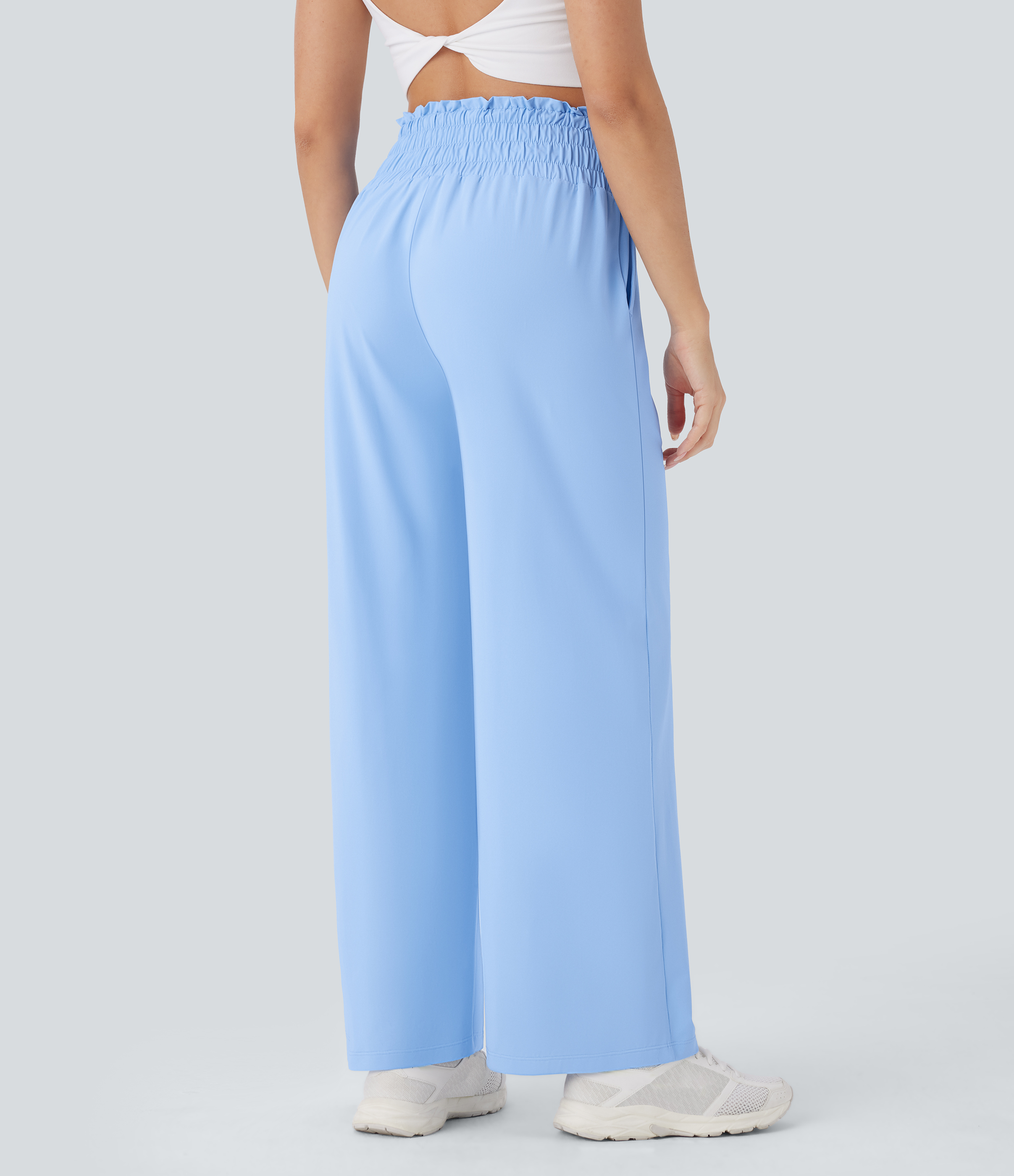 High Waisted Drawstring Frill Pocket Straight Leg Cool Touch Yoga Pants-UPF50+