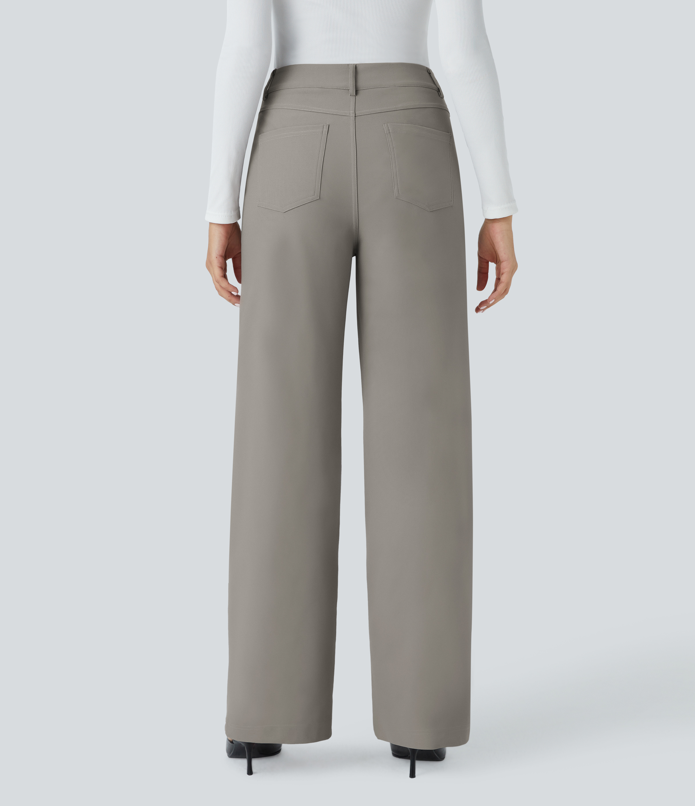 High Waisted Zipper Pockets Straight Leg Twill Work Pants