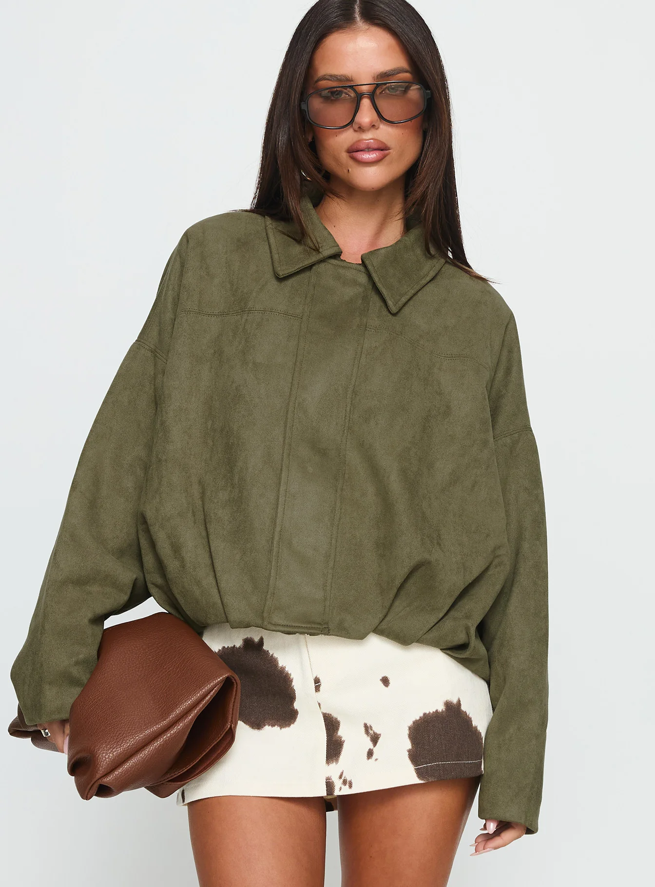 Faux Suede Bomber Jacket Khaki